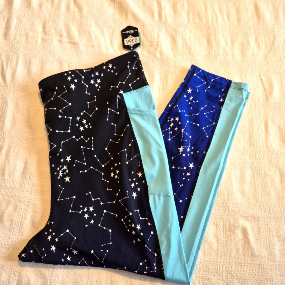 LuLaRoe Rise Brave line women's size 3X leggings black teal & white stars NWT